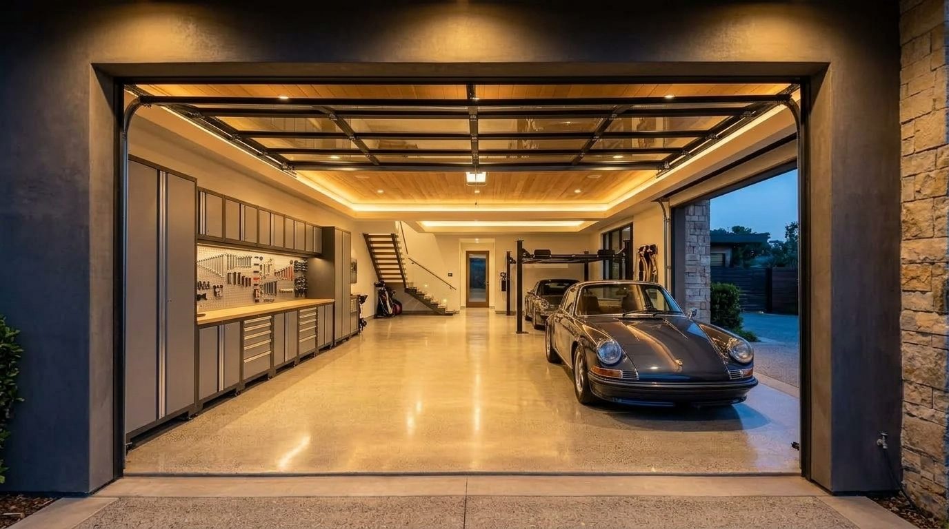 King Garage Door Repairs Interior View of Custom Garage Door Overhead and Workshop